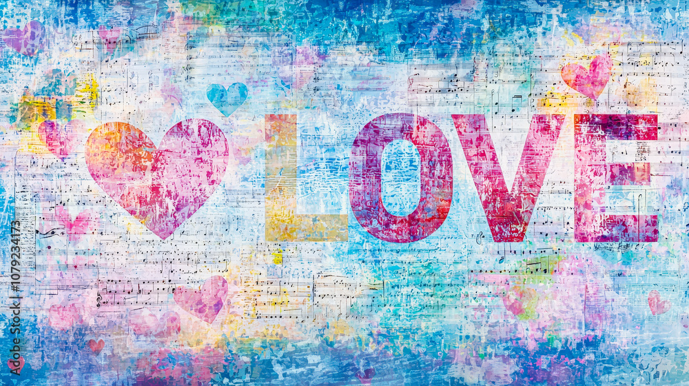 Aufkleber a vibrant display featuring the word love in large letters, adorned with hearts against an abstract,