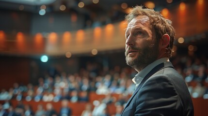 Fototapeta premium A businessman speaks at a conference, looking up at the audience in a large auditorium.