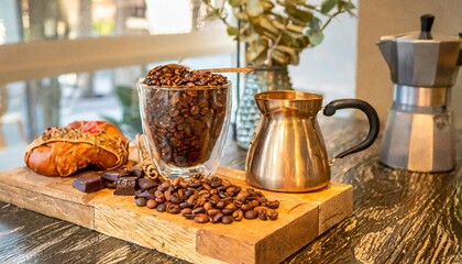 Artisan Coffee Bar Display Featuring Freshly Ground Coffee Beans, Gluten-Free Baked Goods, and Organic Condiments for a Sophisticated and Cozy Home Cafe Experience