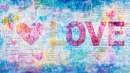 Obraz premium A vibrant display featuring the word love in large letters, adorned with hearts against an abstract, colorful textured backdrop that conveys warmth and emotion
