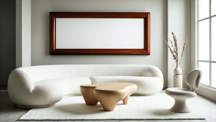 Modern minimalist living room design featuring curved white sofa, organic wood coffee table, big empty wall frame on white wall