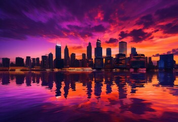 Fototapeta premium stunning vibrant city skyline dusk capturing brilliant illuminated buildings reflecting twilight colors, illumination, urban, architecture, silhouette