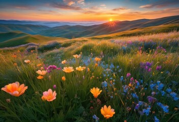 Fototapeta premium majestic sunrise over vibrant meadows rolling radiating colorful blooms fresh dew kissed grass beneath clear sky, blossom, flower, flora, garden, landscape