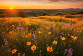 Obraz premium stunning vibrant fields captured during golden sunset showcasing breathtaking views beauty, landscape, nature, sky, clouds, light, grass, earth