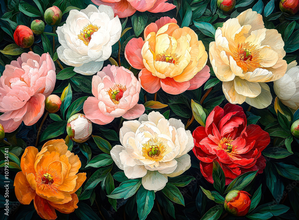 Poster a vibrant collection of peonies in various colors fills the garden, each flower displaying intricate