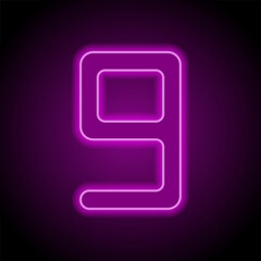 Number nine, numeral simple icon vector. Flat design. Purple neon on black background