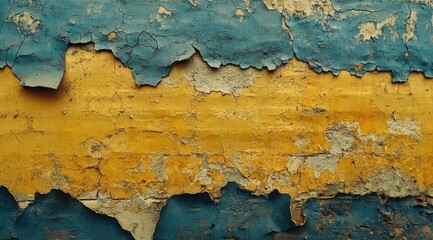 Obraz premium Close-up of a weathered wall with peeling blue and yellow paint.