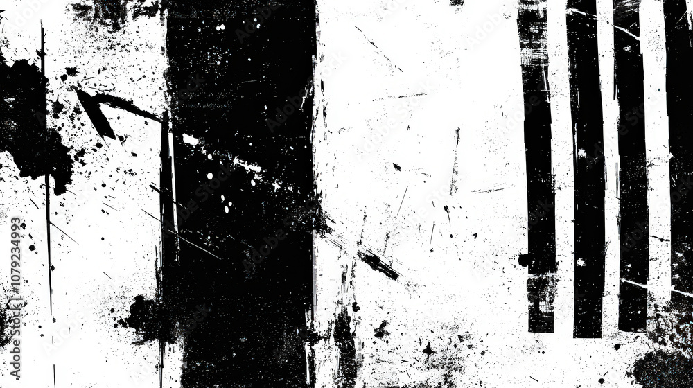 Poster an energetic composition of bold black and white textures showcases splatters and streaks, reflectin
