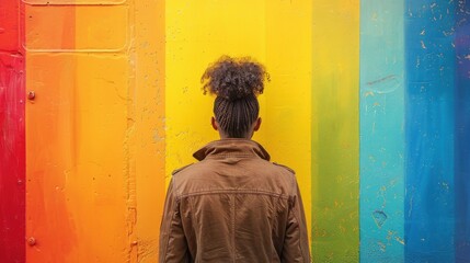 Obraz premium Surrounded by dynamic hues, a resilient LGBTQ scholar's joyful smile embodies their celebration of love and acceptance