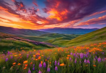 Obraz premium breathtaking countryside vistas showcase stunning sunset over rolling hills lush fields vibrant color palette purple, aerial, dusk, evening, landscape