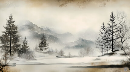Snowy winter landscape with trees and mountains, tranquil mood, traditional art style, Chinese ink painting style, copy space., Digital paper, scrapbooking