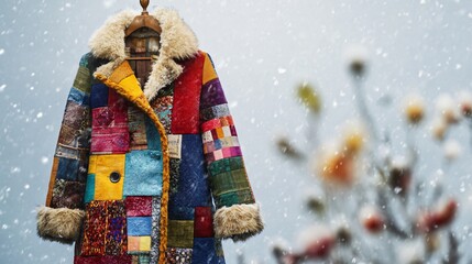 Colorful patchwork coat with fur accents, isolated with hints of frosted winter plants and delicate snowfall