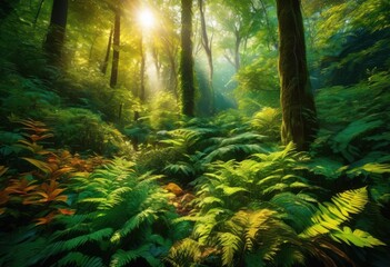 Obraz premium lush enchanting forest scenery featuring vibrant textures colorful captivating natural light effects, beauty, breathtaking, blooms, biodiversity, charming