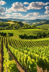 Naklejka premium lush vineyard landscape showcasing sunlit rows grapevines under bright blue sky surrounded rolling green hills, sunlight, farmland, fields, nature, orchard