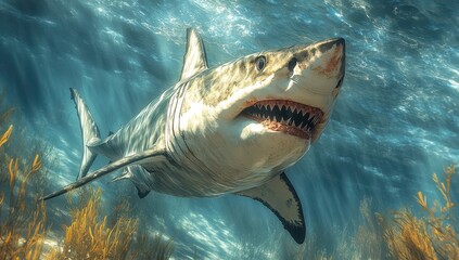 Obraz premium Giant White Shark Swimming in the Ocean – Super-Realistic Underwater Full-Body Shot