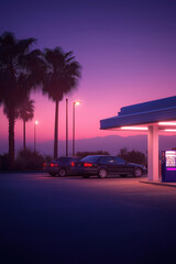 Evening twilight illuminates parked cars at a snack kiosk beneath palm trees