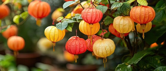 Obraz premium Close-up of delicate, papery, lantern-like fruits in red, orange, and yellow hanging from a branch with green leaves.