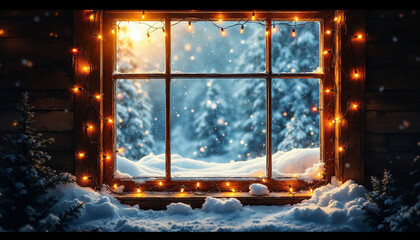 A scenic view of a snowy landscape through a window decorated with warm Christmas lights, evoking a cozy winter feel.