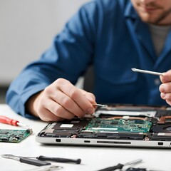 Technician repairing a laptop with tools on the table, captured in hyper-realistic 4K HDR detail. Close-up view of the open laptop, showing the intricate motherboard and components. Keywords: laptop r