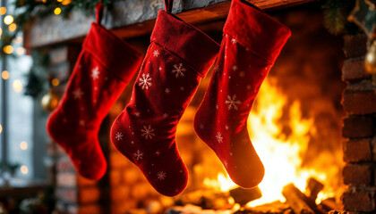Christmas stockings hung over a festive fireplace, adorned with holiday decorations and glowing lights, creating a warm and cozy holiday scene.