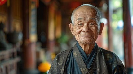 Fototapeta premium Surrounded by a spectrum of backgrounds, a dignified Asian elder's confident stance exudes a timeless elegance and poise