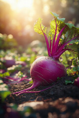 A close up of a beet growing in a garden