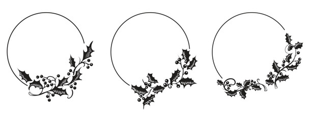 Christmas holly botanical frames. Flat illustration border with black leaves and berries on white background. Black line circle with plant wreath. Vector image.