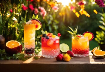 Fototapeta premium colorful refreshing seasonal cocktails featuring fresh fruit ingredients perfect any celebration gathering, drink, drinks, beverage, mixology, mixer, syrup