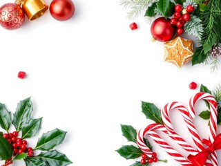 Frame made of gingerbread cookies, candy canes, and baubles surrounded by holly leaves and bells on a white background with copy space, Christmas, holiday