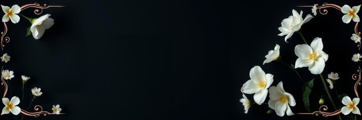 Obraz premium Frame composed of elegant white flowers creating a border with empty space in the center on a dark background, dark background, nature