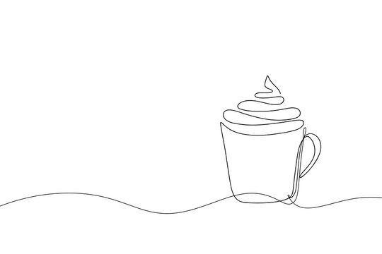 recommend clip art: Single one line drawing chocolate drink in a mug. Hot cocoa with whipped cream in cup. Winter warm beverages concept. Continuous sketch vector illustration