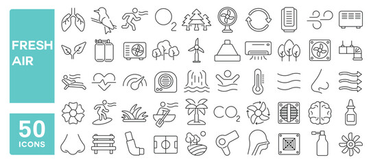 Set of 50 line icons related to fresh air, oxygen, breath, wind, conditioner, fan, blow, flow, cool, air, Editable stroke. Vector illustration