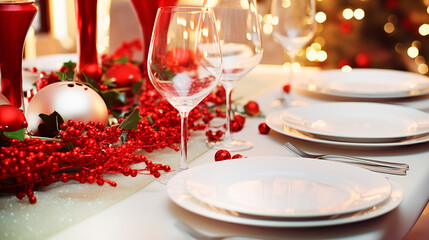 Mesa navideña. Decoración y arreglo de mesa para Navidad, fiestas y celebraciones en el hogar. Copas, platos, y adornos navideños.