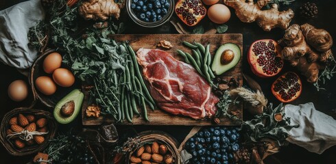 Flat lay of various fresh and raw ingredients for a healthy meal, including meat, avocado, pomegranate, blueberries, eggs, ginger, and green beans.