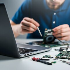 Technician repairing a laptop with tools on the table, captured in hyper-realistic 4K HDR detail. Close-up view of the open laptop, showing the intricate motherboard and components. Keywords: laptop r