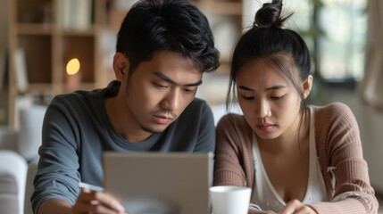 Fototapeta premium Young Asian couple, heads down, feeling the pressure of rising living costs and debt