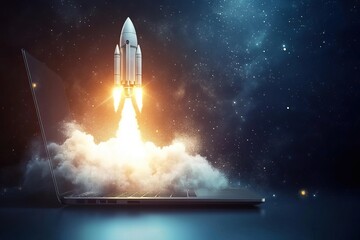 A rocket launching from a laptop, symbolizing digital creativity and imagination. Background AI generated image