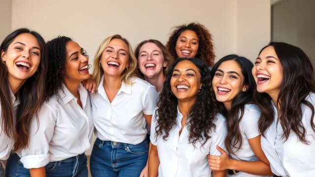 Group of diverse women smiling and laughing happily while wearing matching white t-shirts, women, smiling