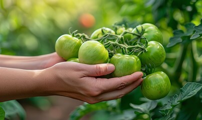 Healthy vegetables growing on vines are obscured in the background of a close-up of a hand holding green tomatoes in a garden, Generative AI.