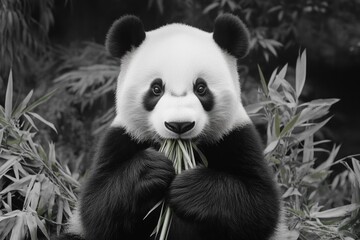Fototapeta premium A panda bear enjoys bamboo in a lush green forest under soft natural light, highlighting its elegant black-and-white fur