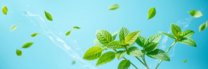 Fototapeta premium Light fresh effect on blue background with menthol aroma, mint leaves flowing in air, modern illustration, blue background, cleansers