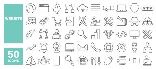 Set of 50 line icons related to website, internet, web, search, homepage, blog, content, link, interface, sitemap, Editable stroke. Vector illustration
