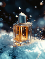 A luxurious perfume bottle glistens on snow, illuminated with soft light in a dark winter setting, evoking mystery and elegance.
