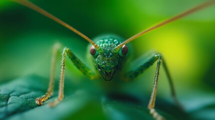 Macro close-up of green katydid on leaf