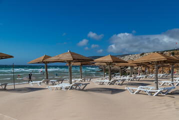 Sun loungers and umbrellas on the beach