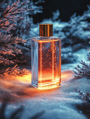 A luxurious perfume bottle glistens on snow, illuminated with soft light in a dark winter setting, evoking mystery and elegance.
