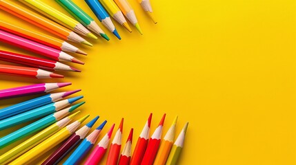Fototapeta premium Colored pencils in half-circle arrangement, vibrant tones on yellow background, artistic composition, minimalist flat lay design, creative tools, stationery setup, copy space for creativity