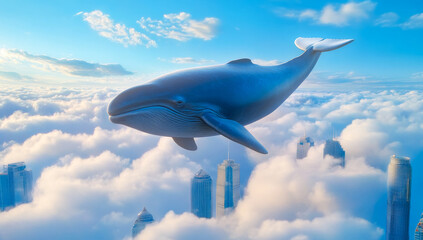 Fototapeta premium A whale is flying through the sky above a city. The whale is large and majestic, and the sky is filled with clouds. Scene is peaceful and serene, as the whale soars above the bustling city below
