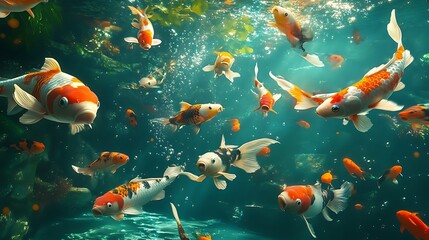 Colorful Koi Fish School in Serene Japanese Garden Pond