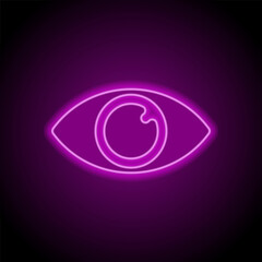 Eye simple icon vector. Flat design. Purple neon on black background